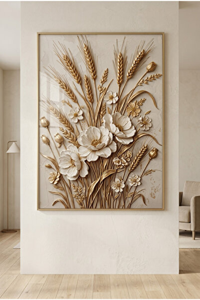 sayetablo Floréva Çiçek - Gerçek Cama Baskı Gold Alüminyum Metal Çerçeveli Te...