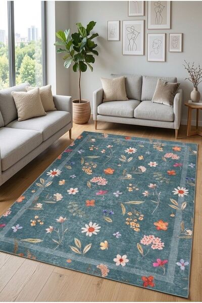 ARTLOOP Florart petrol Yeşilii Çiçek Desenli Dokuma Tabanlı Modern Şönil Halı...