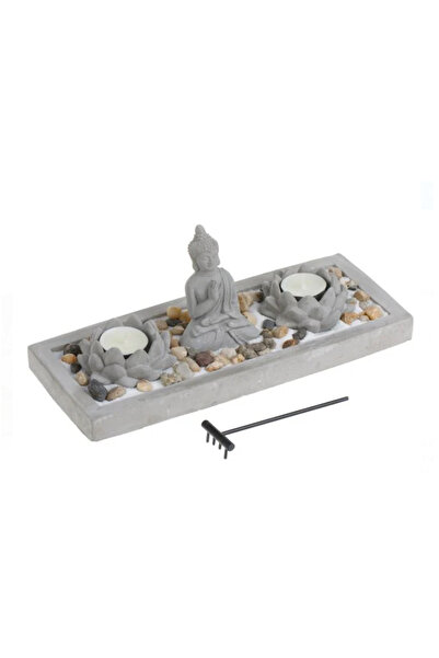 JMB Set Decorativ cu Baza din Ciment Figurina Buddha si Lumanare Pastila 30x12cm