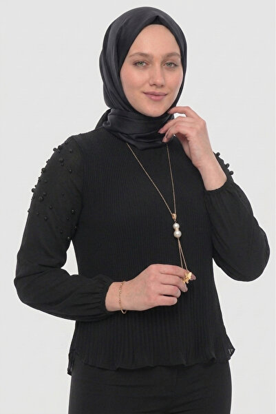 Safgiyim44 Kolye Detay İncili Piliseli Piliseli Bluz - Siyah