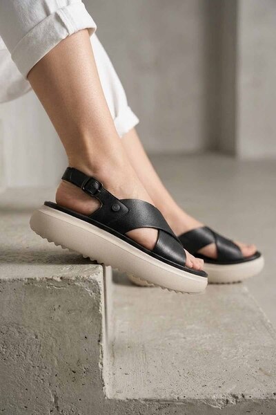 İnci Women's Black Sandals - Genuine Leather - Cross-Strapped Thick-Soled San...