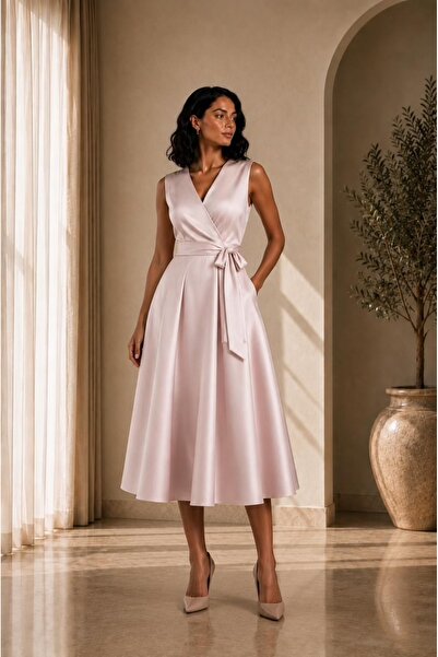 UNTIMELY Double-Breasted & Belted Powder Pink Midi Satin Dress