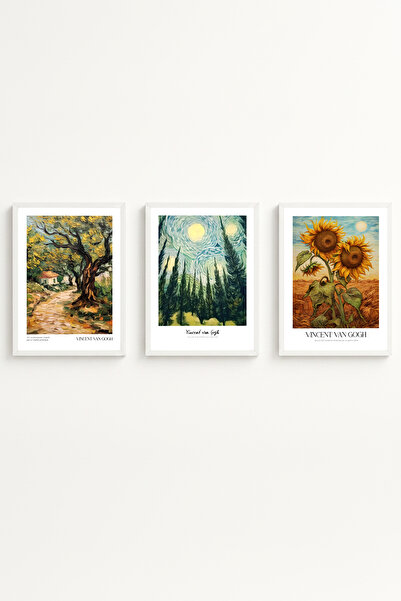 huhuli Beyaz Ahşap Çerçeveli Vincent Van Gogh Tablo Seti Huhu531
