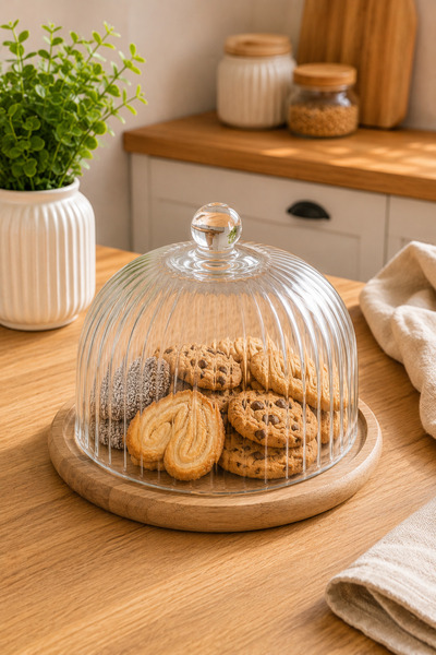 Karçiçeği Home 15 cm Glass Fanus Cookie Holder with Wooden Base Transparent P...