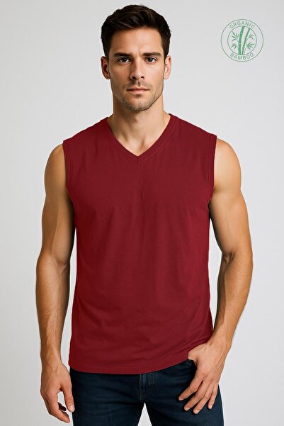 OBJE Men's Burgundy Bambo V-Neck Sleeveless Undershirt