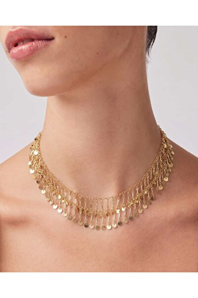 Ayno Gold Pullu Zincir Detaylı Çelik Choker Kolye