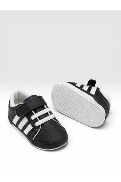 Che Sara Baby First Step Shoes Orthopedic Non-Slip Bottom Sole Black 3 White Stripes Comfortable Easy-To-Wear Shoes