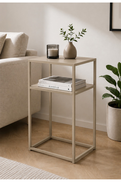 İnoprotech Modern Bej Metal Yan Sehpa 2 Raflı Minimalist Salon ve Yatak Odası...