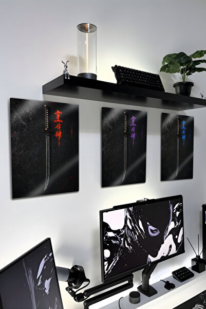 DekorHane Imprimeu metalic - Set de 3 tablouri, Samurai Katana, Decor pentru ...