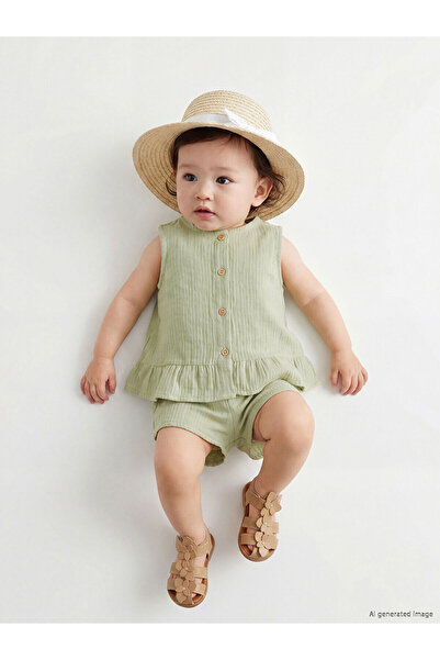 LC Waikiki Trendlucky with Difference in Color Oval Collar Muslin Baby Girl B...