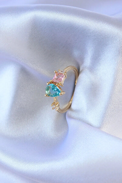USLUCAN ALIŞVERİŞ Gold Color Colorful Zircon Stone Brass Women's Ring