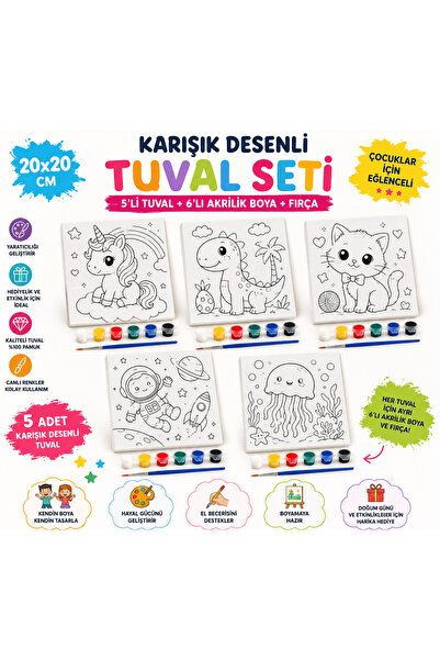 WeSank 5’li Desenli 20x20 Tuval Boyama Seti – 5 Adet 6’lı Akrilik Boya ve 5 F...