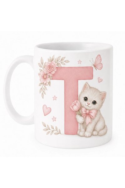 KADOREX DESIGN Kişiye Özel Harfli Kedi Kupa – Sevimli Pembe Tasarımlı Kahve K...