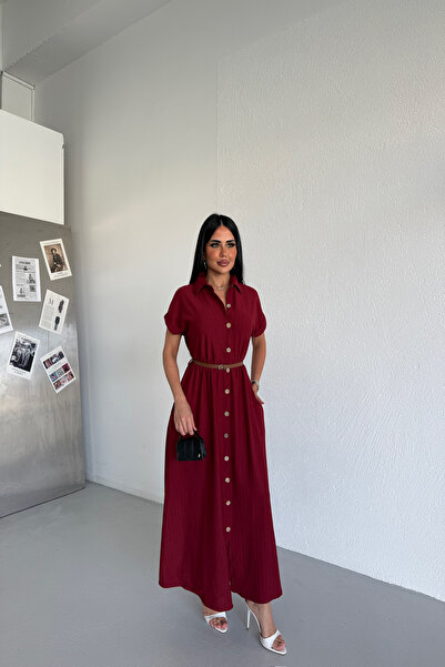 KAMACI BUTİK Thin Belted Striped Shirt Dress