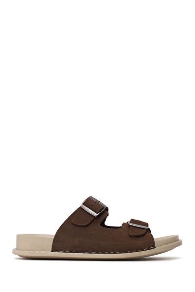 Derimod Women's Brown Double Buckle Nubuck Leather Comfort Slippers 26Pfd5017V3