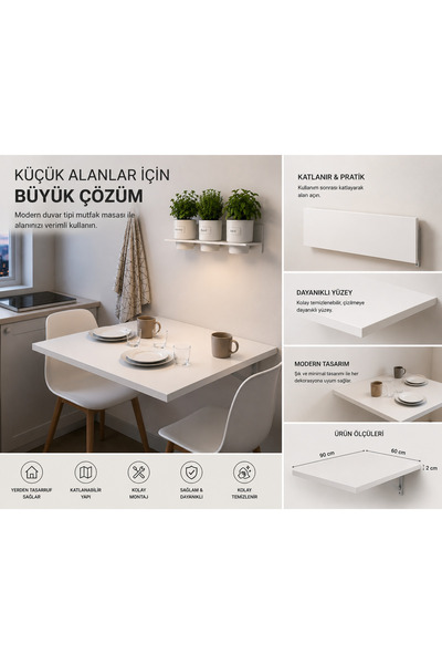 BMD MOBİLYA Duvara Monte Katlanır Mutfak Masası Yer Kaplamayan Çok Amaçlı Masa