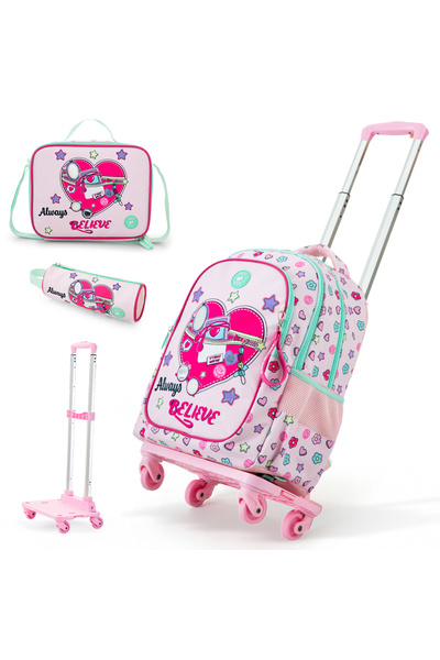 Eazy Kids 17” School Bag Set of 3 w/ 4-Wheel Trolley – Backpack, Lunch Bag & ...