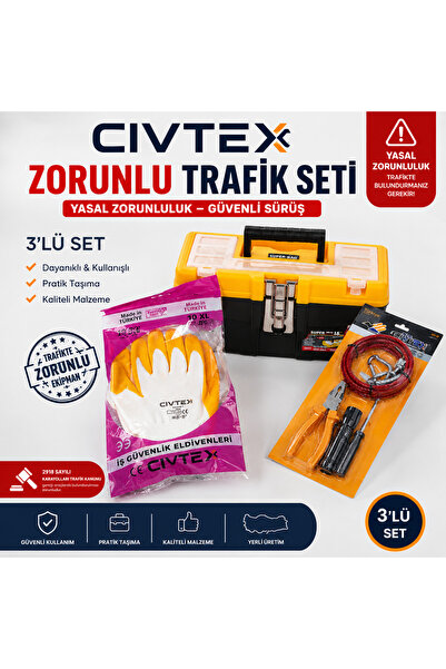 Civtex Zorunlu Trafik Seti 3’lü – Çekme Halatı, Eldiven ve Pense Tornavida Se...