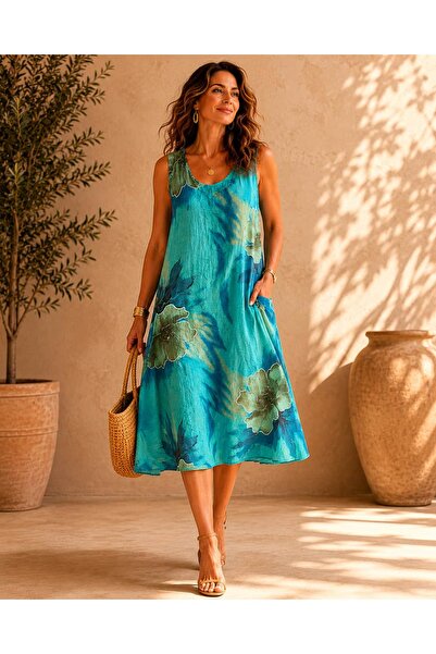 Punta Otantik Nc2668 Italian Floral Pattern Sleeveless Cotton Dress Turquoise