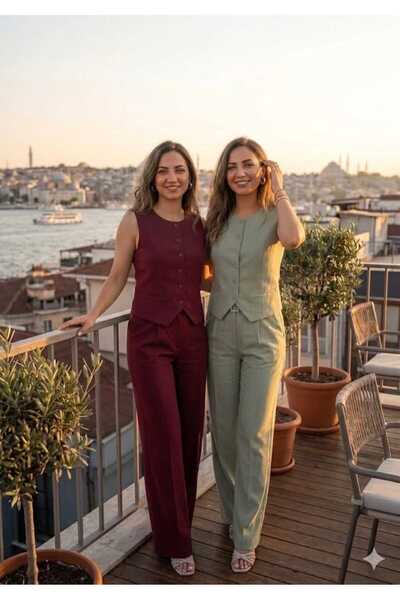 DİMA KADIN KETEN YELEKKLİ PAZAZO PANTOLONLU TAKIM ELBİSE