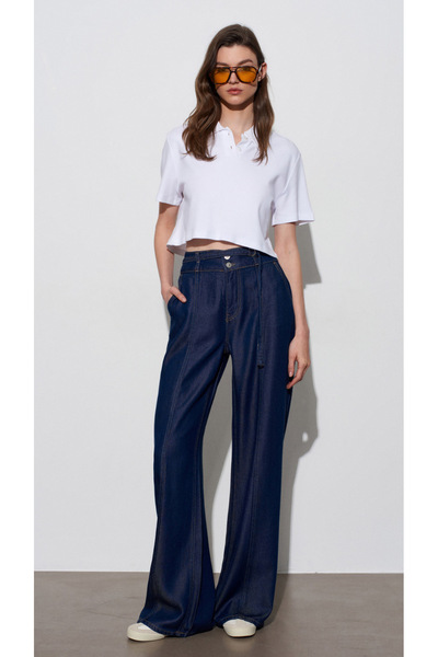 JEANS İnce Kemerli %100 Lyocell Pantolon-Koyu Mavi