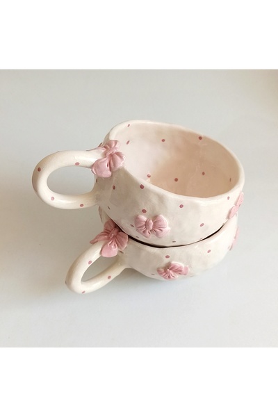 BieneGift 1 Piece Handmade Pink Bow Detailed Ceramic Cup – Polka Dot Cute Cof...