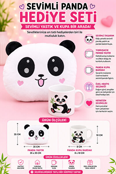 Yenilig Sevimli Panda Yastık ve Kupa Bardak Seti Peluş Hediye Seti