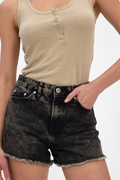 Denim Date Kadın Yüksek Bel Siyah Asit Yıkamalı Püsküllü Jean Şort Kot Şort