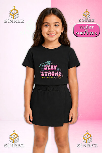 SİNREZ Set pentru fete STAY STRONG ROZ CU TEXT Imprimat Tricou cu mânecă scur...