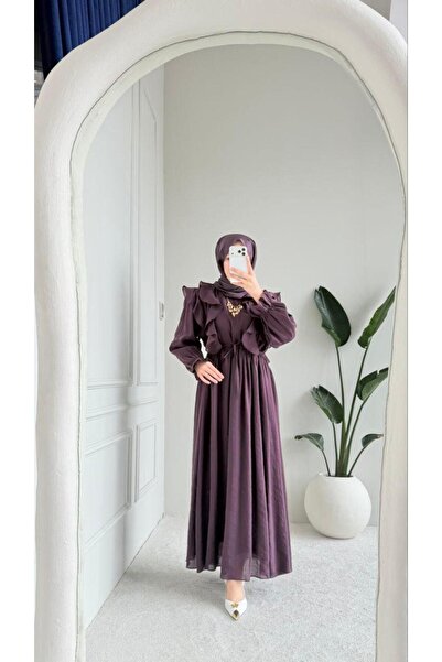 Esra Butik78 Mürdüm Fırfır Detaylı Kuşaklı Astarlı Tensel Tesettür Elbise