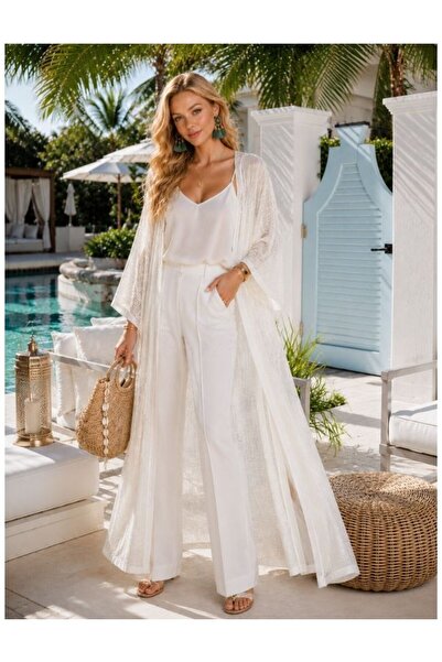 QYMOS PRIVE Premium Glitter Woven Yoryo Chiffon Long White Beach Kimono – Res...