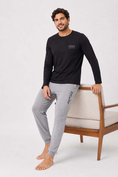 PİJAPİA Men's Long Sleeve 100% Cotton Pajama Set Black