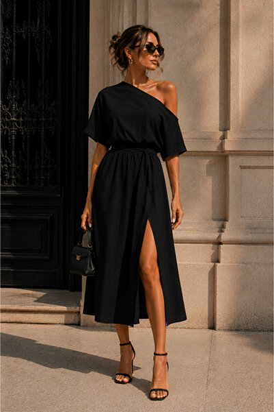 NA ADDESIGN One-Shoulder Belt Detailed Slit Midi Dress Black & White Comforta...