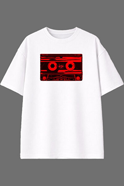 VSRN Red Cassette Design Front Printed White Oversize T-Shirt