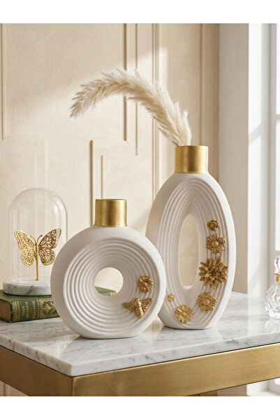 LUNİVAA HOME Luxury, Embossed Gold Detailed Floral Decorative 2" Vase Set for...