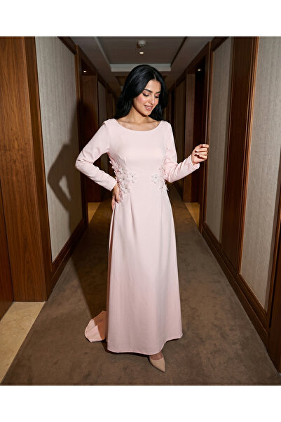 DR Soft Pink Long Sleeves 3D Flowers Floor Length Evening Dress
