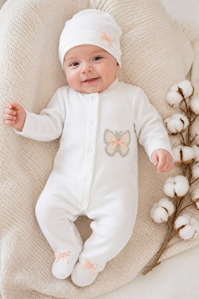 Pure Boutique Salopeta bebe fetita alba cu caciulita si aplicatie fluture ele...