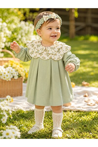 Pure Boutique Rochie bebe fetita din muselina verde salvie cu bentita si gule...