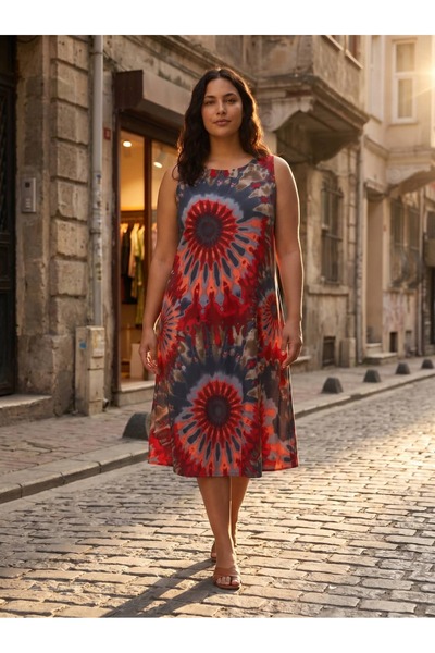 STORi Women's Plus Size Midi Dress Sleeveless Viscose Mandala Patterned Red