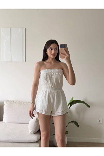 Zoom Butik Müslin Straplez Şortlu Tulum - BEYAZ