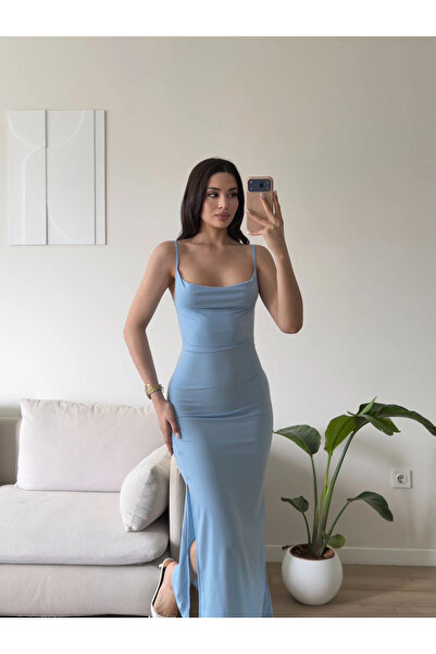 Zoom Butik Askılı Derin Yırtmaç Elbise - MAVİ