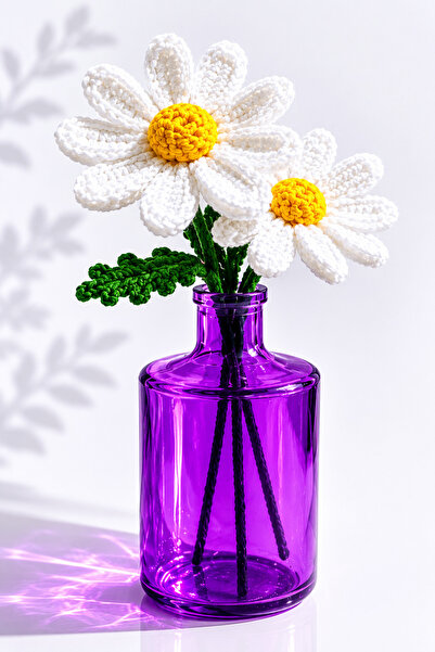 NEHOLİA 🌼   Hand Knitted 3-Piece Daisy Vase 27 cm Purple Glass Vase Decorati...