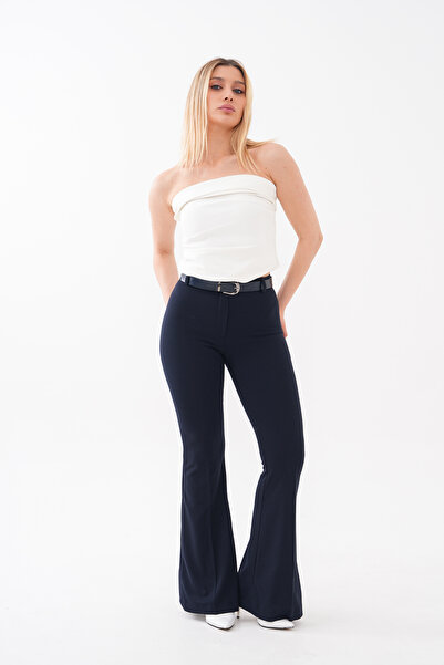 Vinales Women's Belt Detailed Lycra Spanish Flare Palazzo Trousers