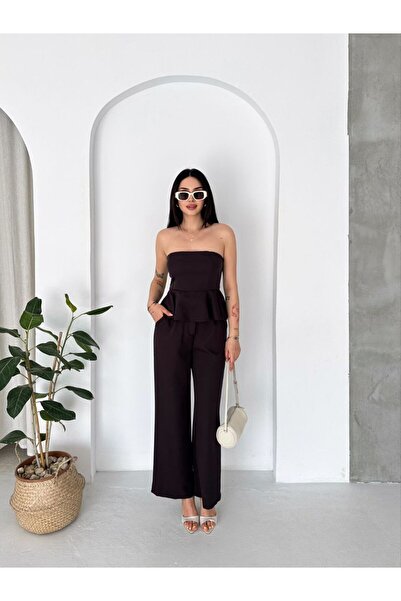 By Kuzey Aras Women's Stylish Strapless Blouse Set with Flounce Details