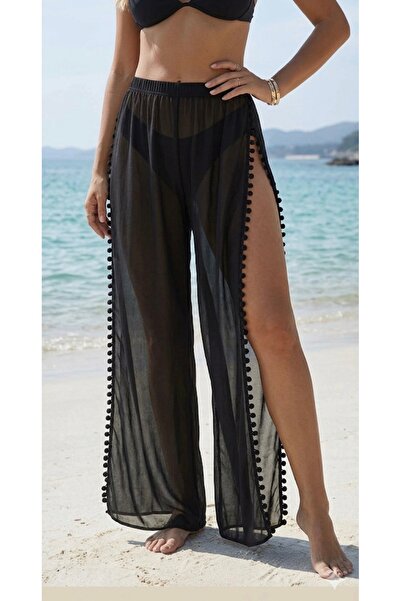 NA ADDESIGN Chiffon Pompom Detailed Slit Beach Pants Pareo Pants with Black &...