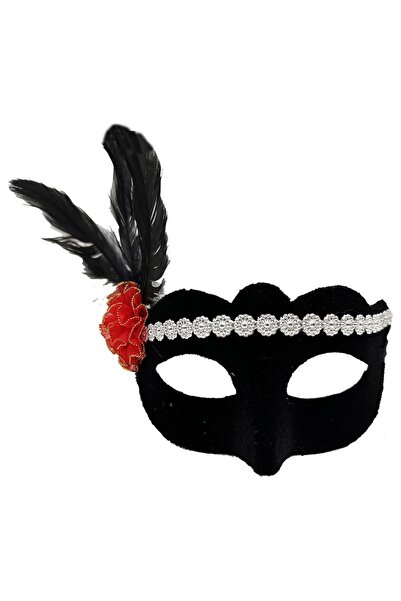 naque Black Color Suede Coated Silver Lace Red Rose Design Party Mask 18X20 cm