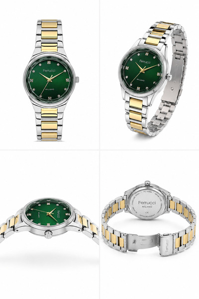 Ferrucci Green Dial Cut Glass Detailed Silver & Gold Metal Cord Women's Wristwatch