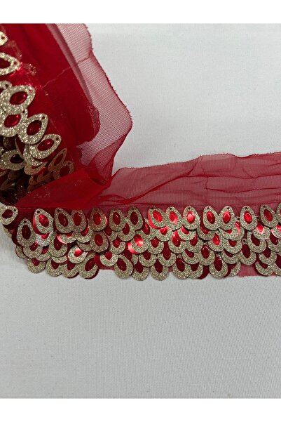 KAYA ARNİCA TEKSTİL Drop Patterned Sequin Fringe Ribbon Red-Gold Glitter -1 M...