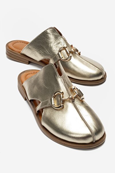Lizy Shoes Дамски меки златисти кожени чехли тип мюл с равна подметка, класич...