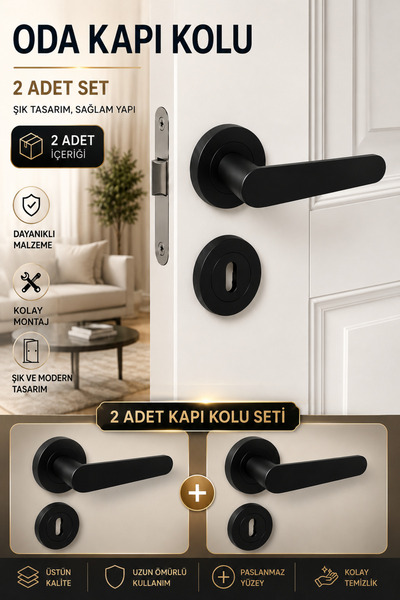 Badem10 (2 TAKIM SET) Kayı Mat Siyah Rozetli Oda Kapı Kolu Sağa Sola Uyumlu M...